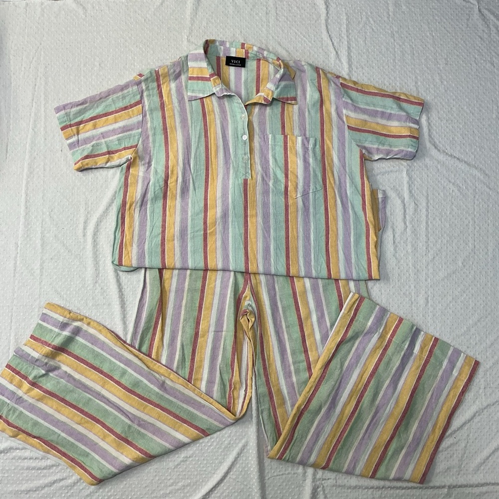 Vici Multicolor Striped Linen Blend Lounge Beach Set Tunic Top Flare Pants XL